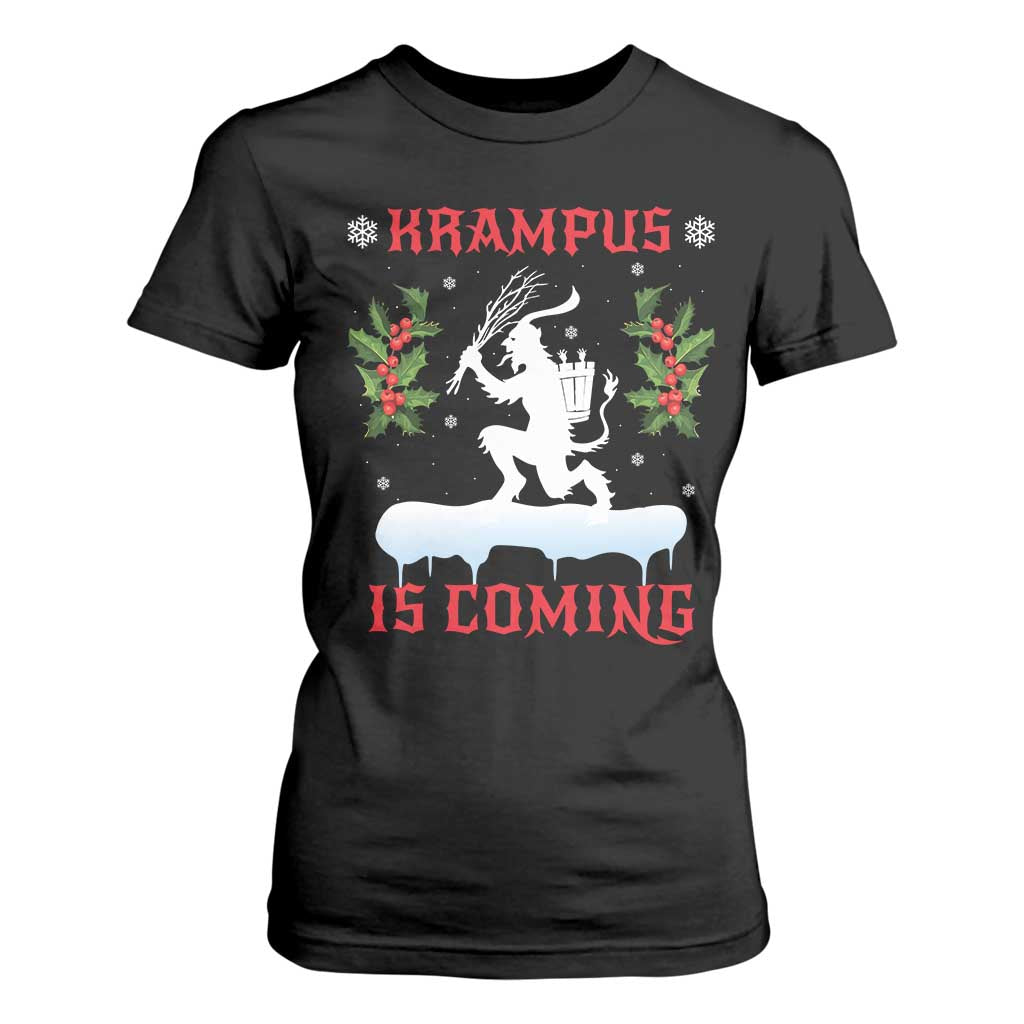 Funny Christmas Yule Krampus Is Coming Mistletoe T Shirt For Women TS11 Black Print Your Wear