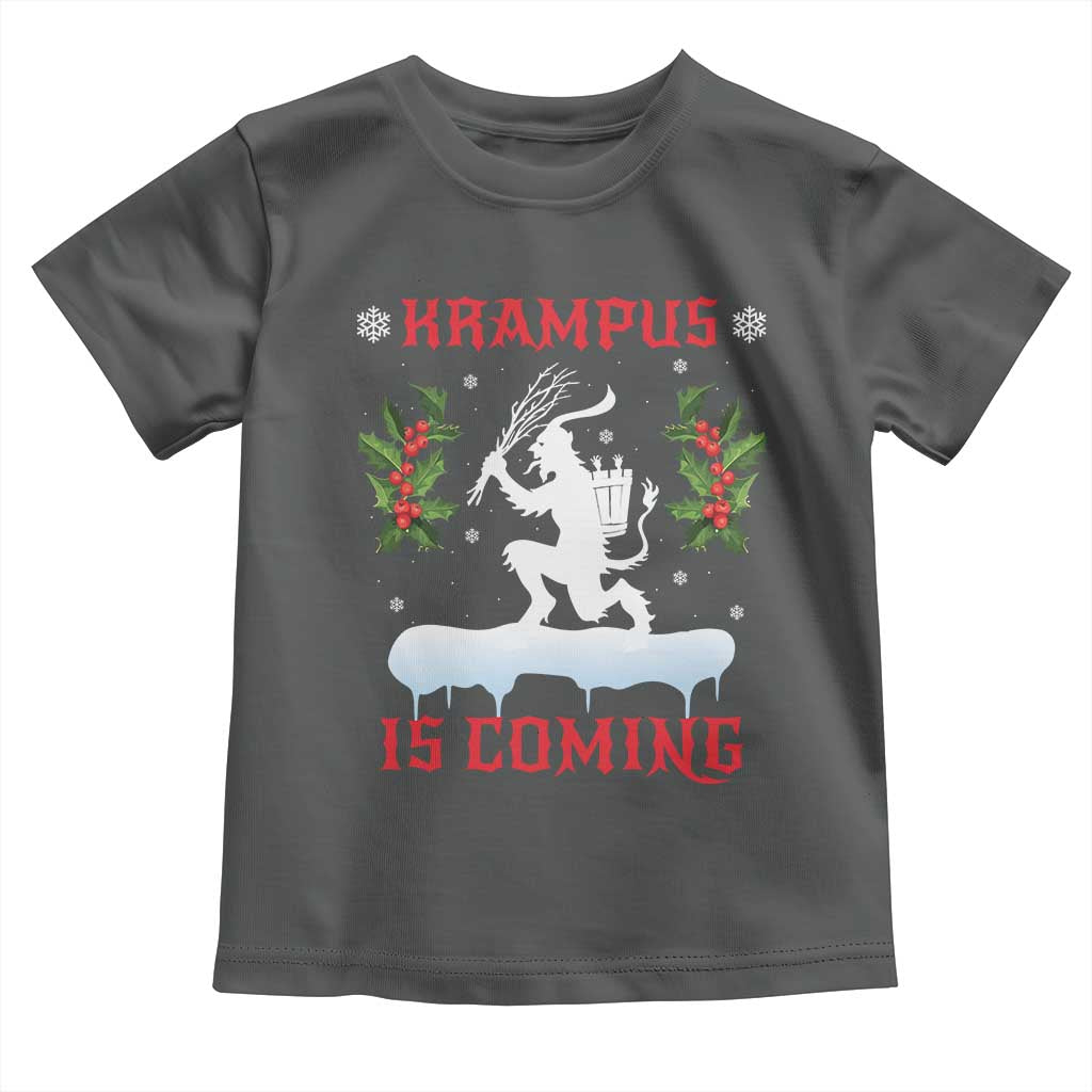 Funny Christmas Yule Krampus Is Coming Mistletoe Toddler T Shirt TS11 Dark Heather Print Your Wear