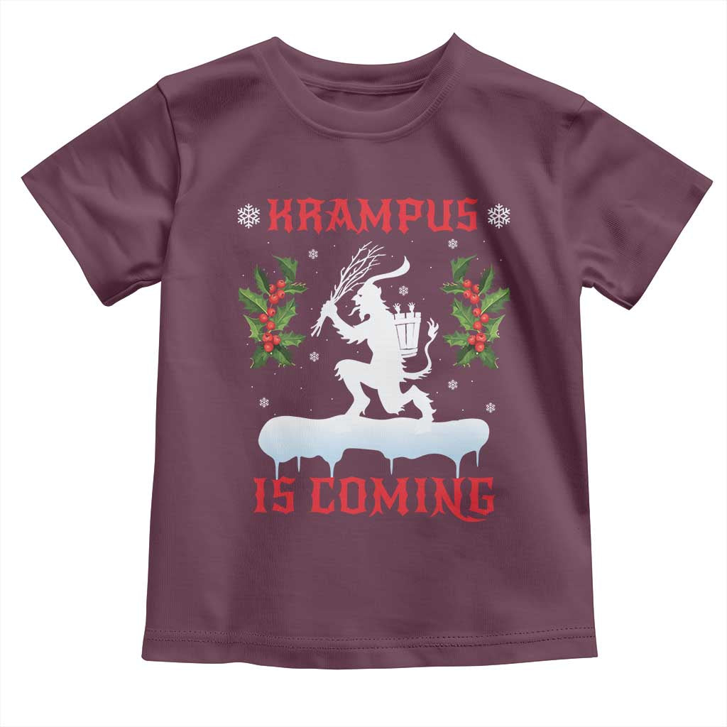 Funny Christmas Yule Krampus Is Coming Mistletoe Toddler T Shirt TS11 Maroon Print Your Wear
