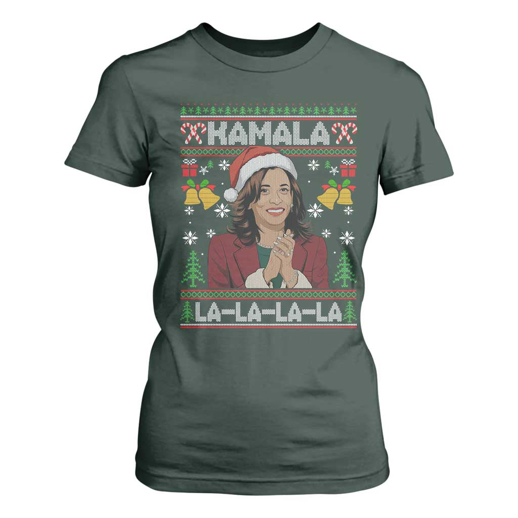 Funny Harris Christmas T Shirt For Women Kamala La La La La Ugly Santa Hat Xmas TS11 Dark Forest Green Print Your Wear