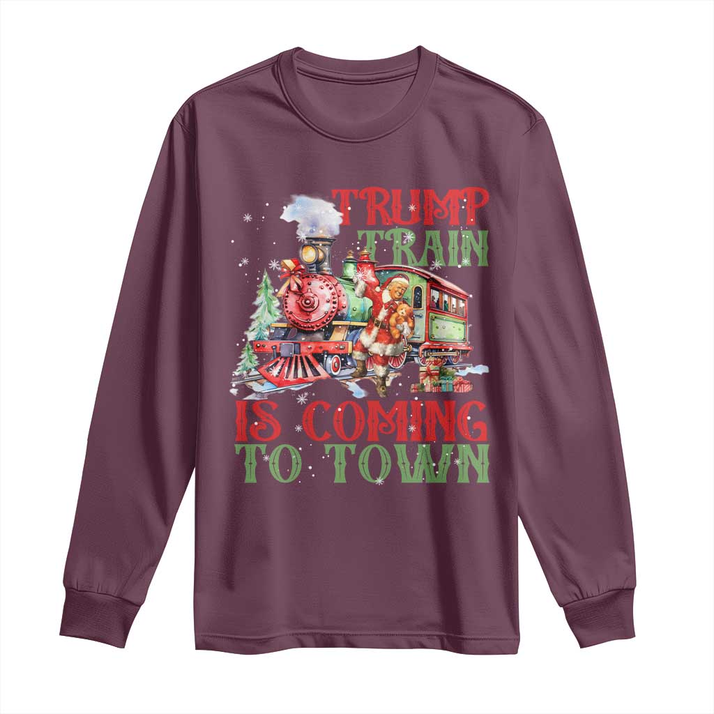 Trump Christmas Long Sleeve Shirt Trump Train Is Coming To Town Xmas TS11 Maroon Print Your Wear