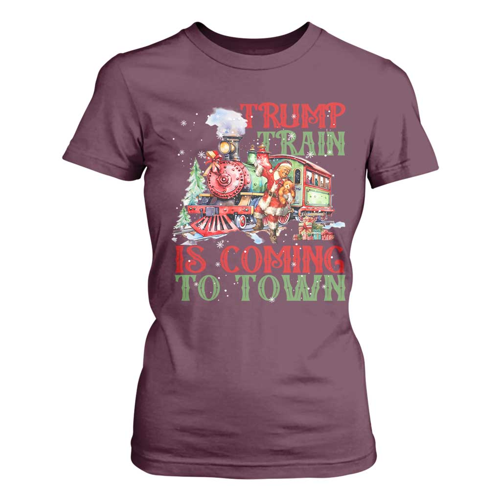 Trump Christmas T Shirt For Women Trump Train Is Coming To Town Xmas TS11 Maroon Print Your Wear