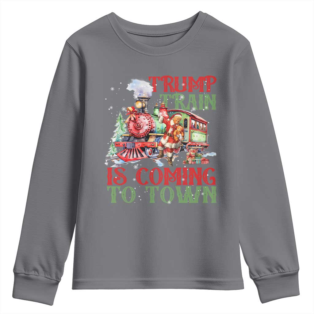 Trump Christmas Youth Sweatshirt Trump Train Is Coming To Town Xmas TS11 Charcoal Print Your Wear