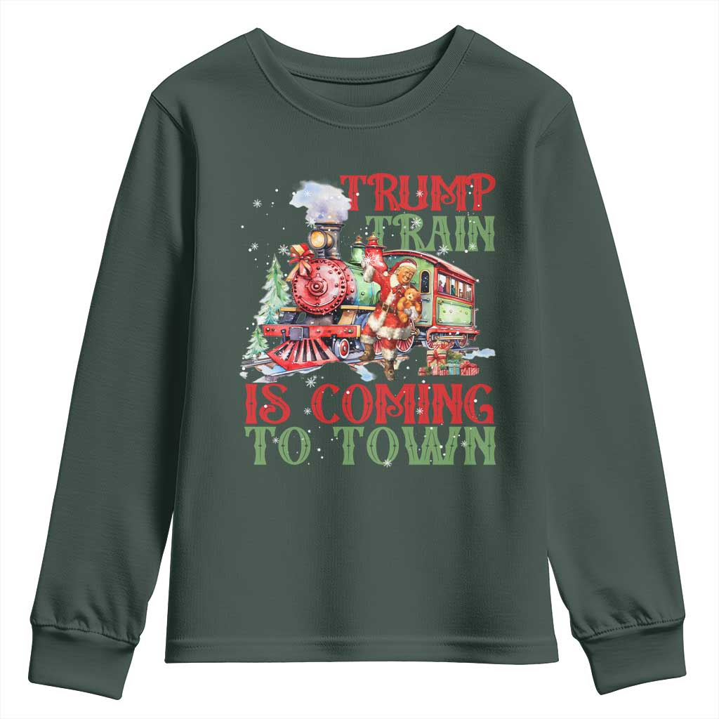 Trump Christmas Youth Sweatshirt Trump Train Is Coming To Town Xmas TS11 Dark Forest Green Print Your Wear