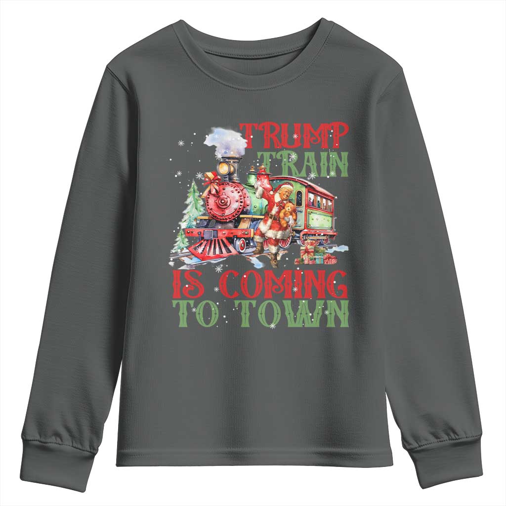 Trump Christmas Youth Sweatshirt Trump Train Is Coming To Town Xmas TS11 Dark Heather Print Your Wear