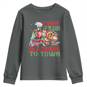 Trump Christmas Youth Sweatshirt Trump Train Is Coming To Town Xmas TS11 Dark Heather Print Your Wear