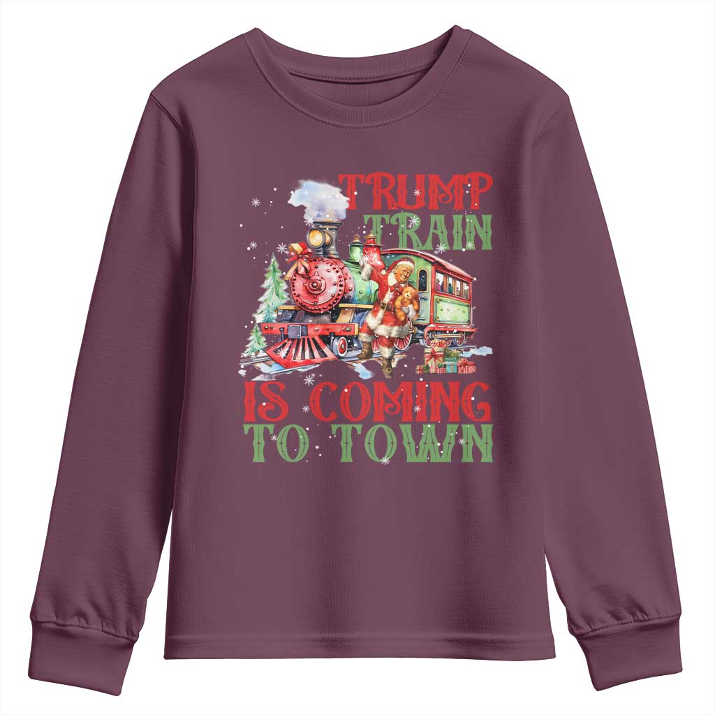 Trump Christmas Youth Sweatshirt Trump Train Is Coming To Town Xmas TS11 Maroon Print Your Wear