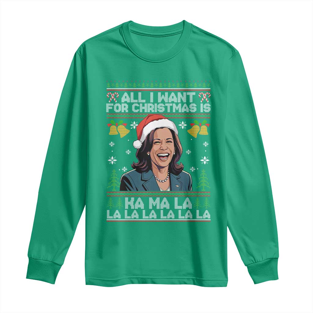 Funny Harris Christmas Long Sleeve Shirt All I Want For Xmas Is Kamala La La La TS11 Irish Green Print Your Wear