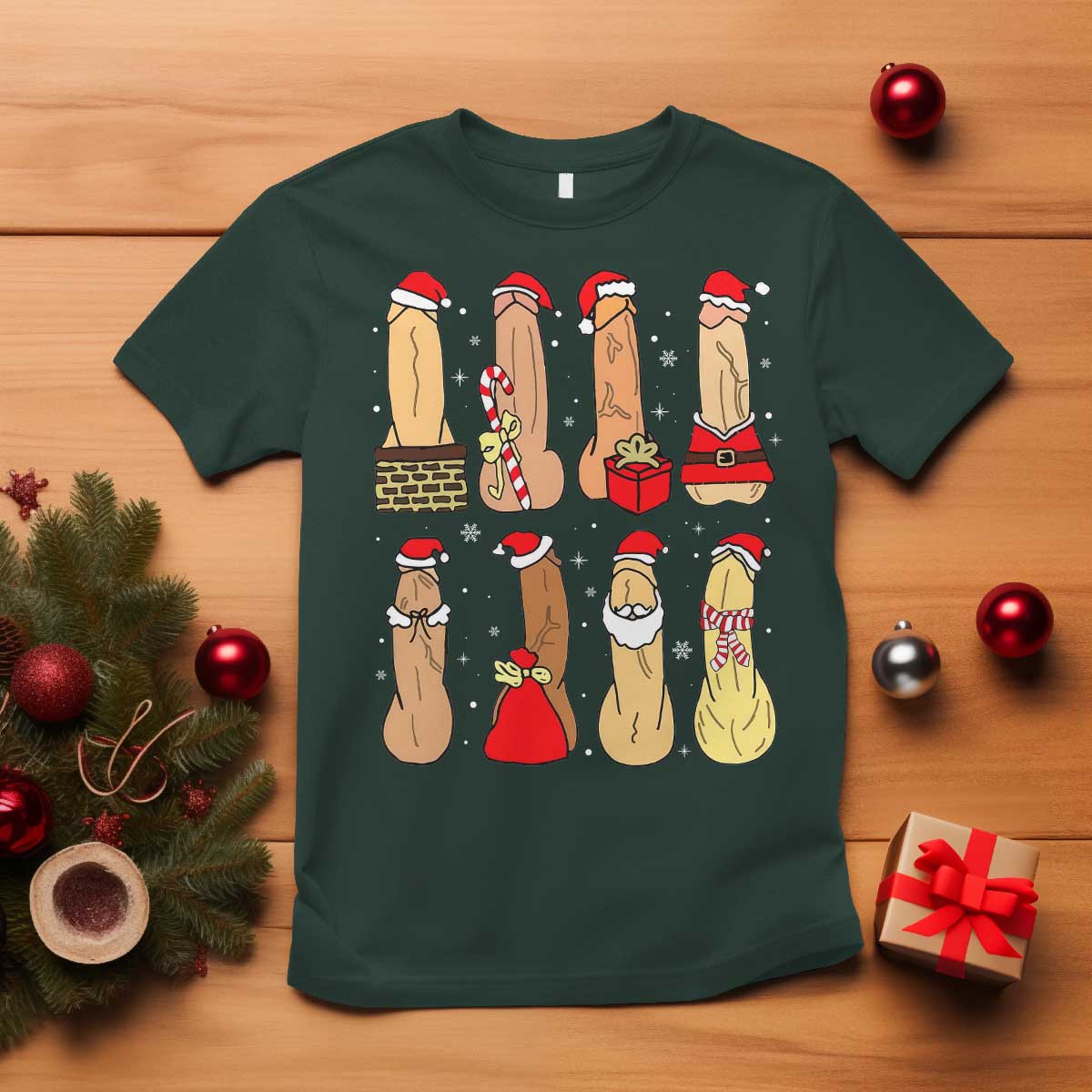 Funny Naughty Christmas Dirty Santa Hat Xmas Adult Humor T Shirt TS11 Dark Forest Green Print Your Wear