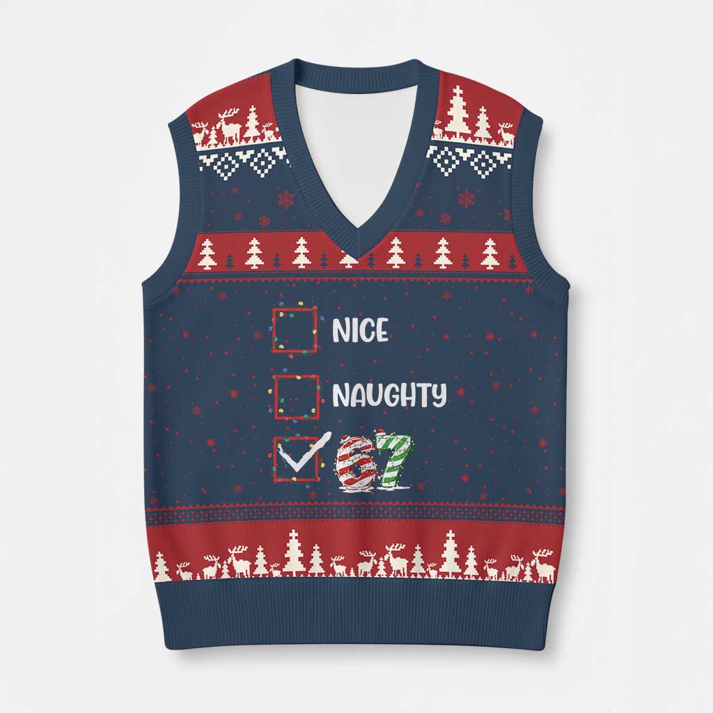 Funny Nice Naughty 67 V-Neck Knit Sweater Vest Xmas Six Seven Meme Brainrot TS11 Navy Red Print Your Wear
