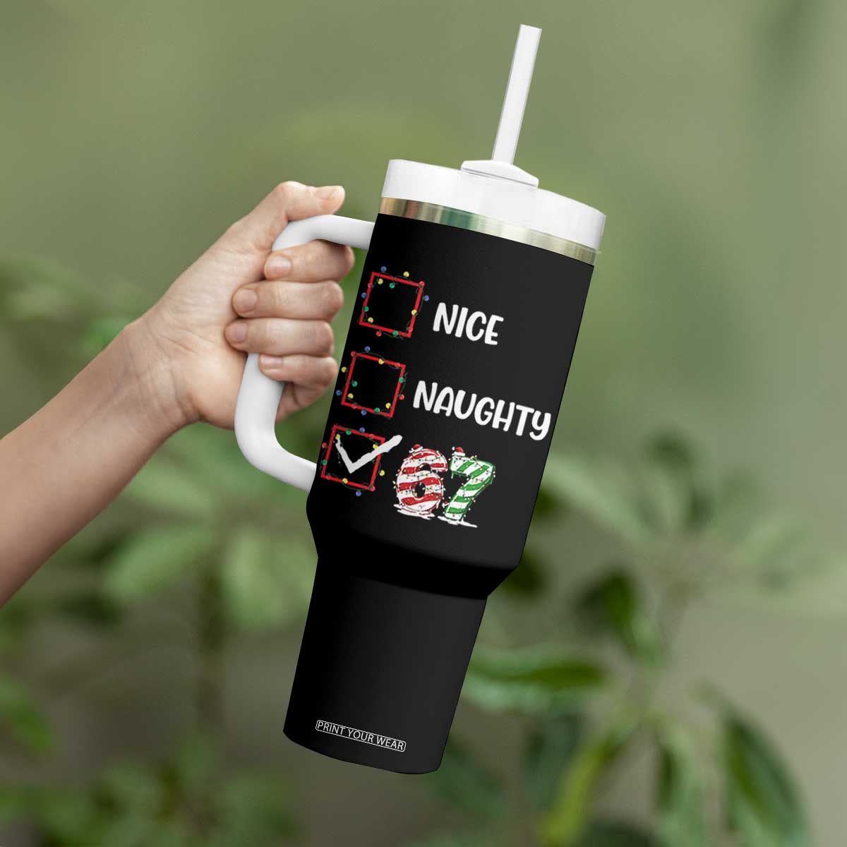 Funny Nice Naughty 67 Tumbler With Handle Christmas Six Seven Meme Brainrot TS11 Print Your Wear