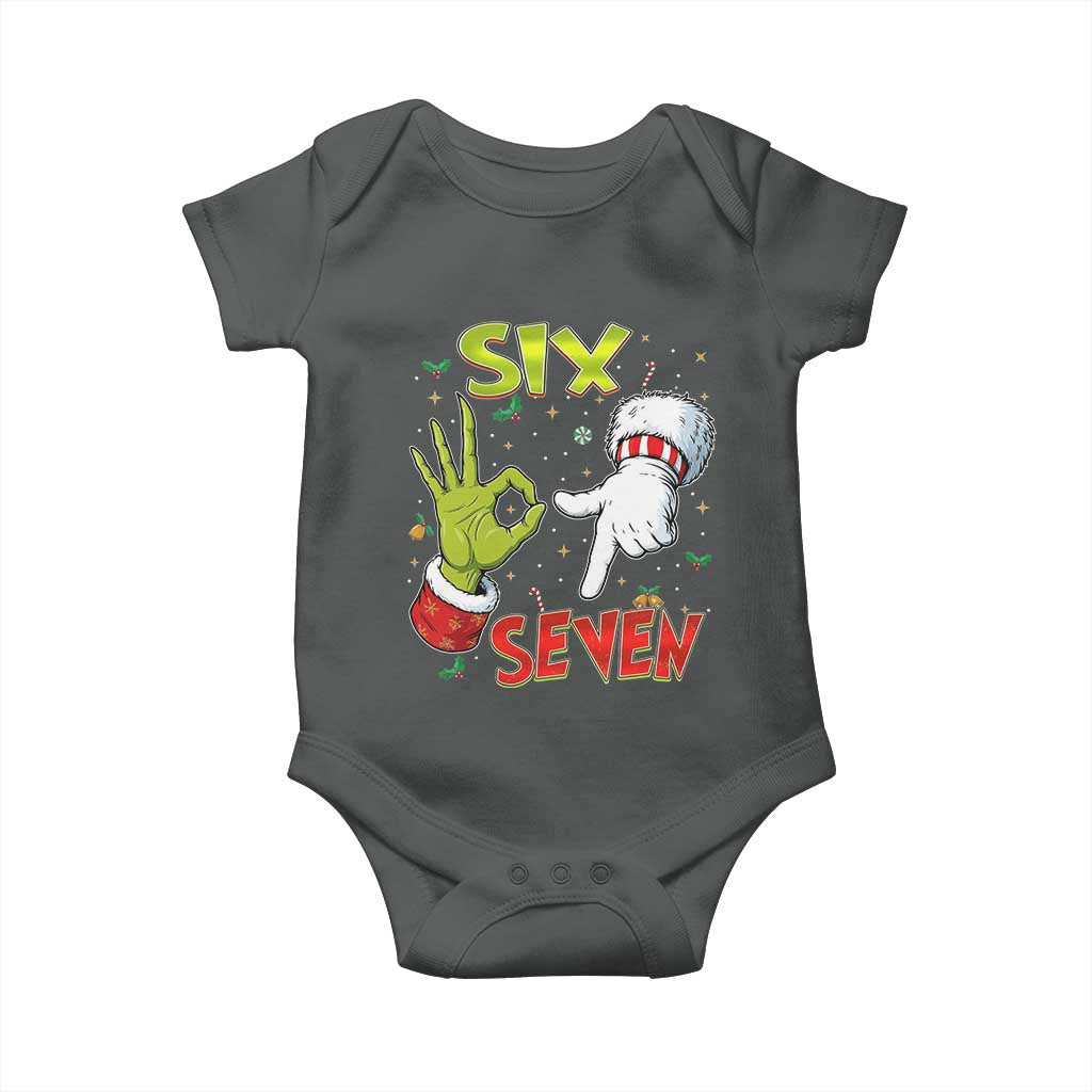 Funny Six Seven Christmas Baby Onesie 67 Meme Xmas Santa Elf Hand Gen Alpha TS11 Dark Heather Print Your Wear