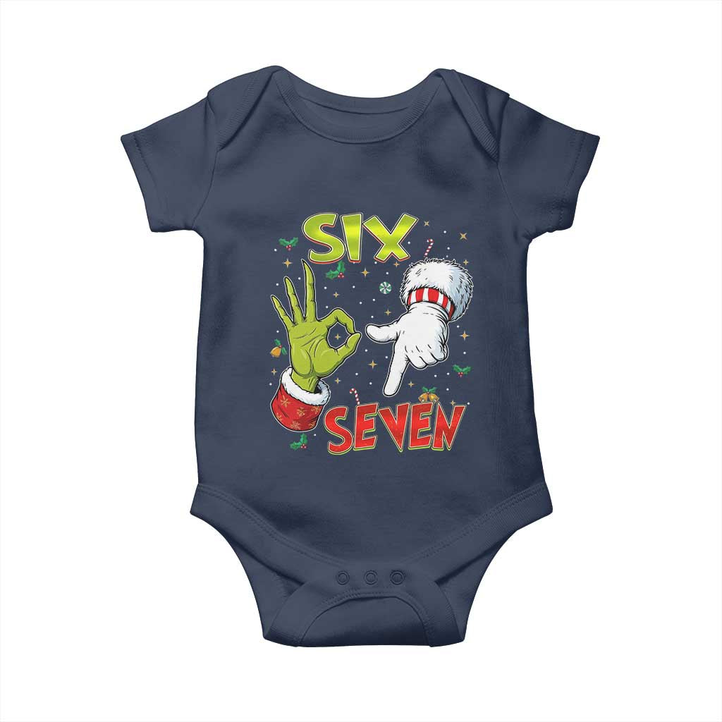 Funny Six Seven Christmas Baby Onesie 67 Meme Xmas Santa Elf Hand Gen Alpha TS11 Navy Print Your Wear