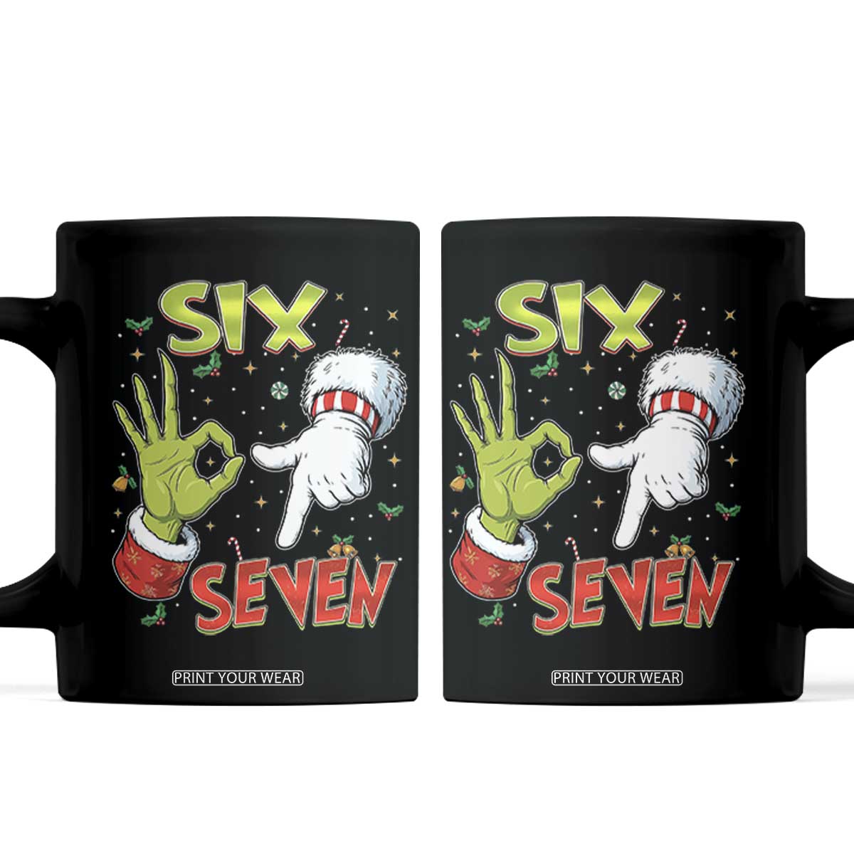 Funny Six Seven Christmas Coffee Mug 67 Meme Xmas Santa Elf Hand Gen Alpha TS11 Black Print Your Wear