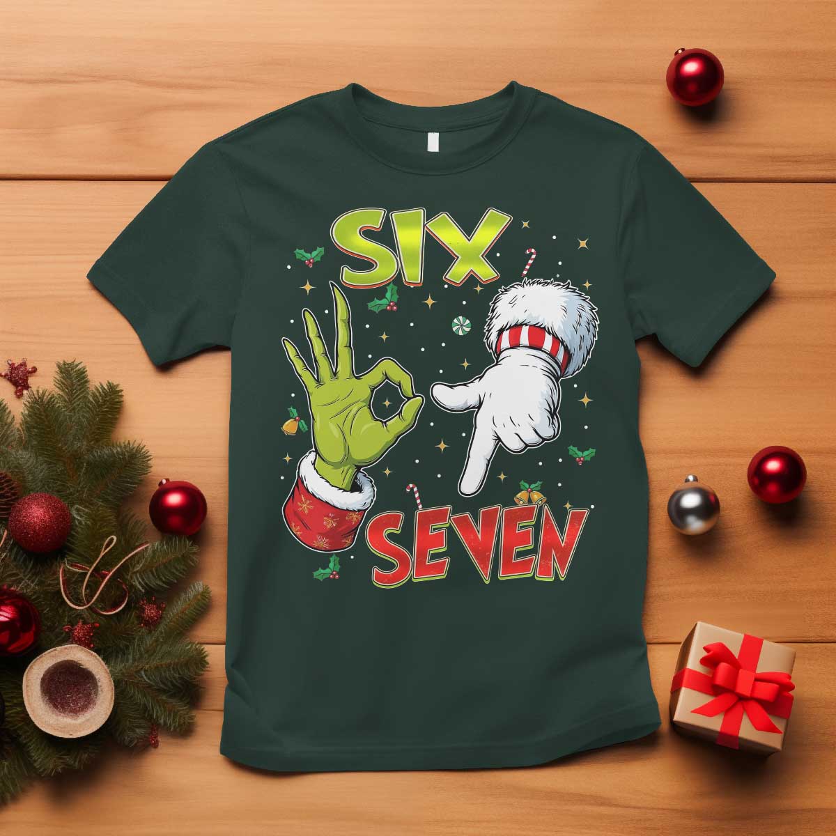 Funny Six Seven Christmas T Shirt 67 Meme Xmas Santa Elf Hand Gen Alpha TS11 Dark Forest Green Print Your Wear