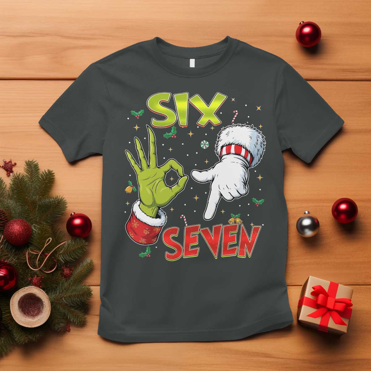 Funny Six Seven Christmas T Shirt 67 Meme Xmas Santa Elf Hand Gen Alpha TS11 Dark Heather Print Your Wear