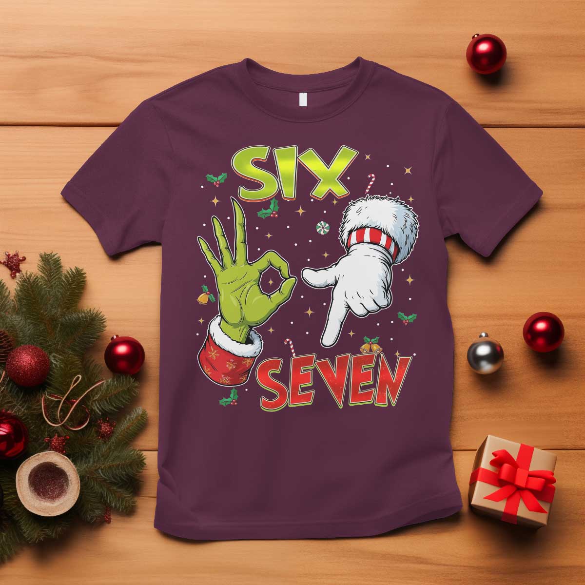 Funny Six Seven Christmas T Shirt 67 Meme Xmas Santa Elf Hand Gen Alpha TS11 Maroon Print Your Wear