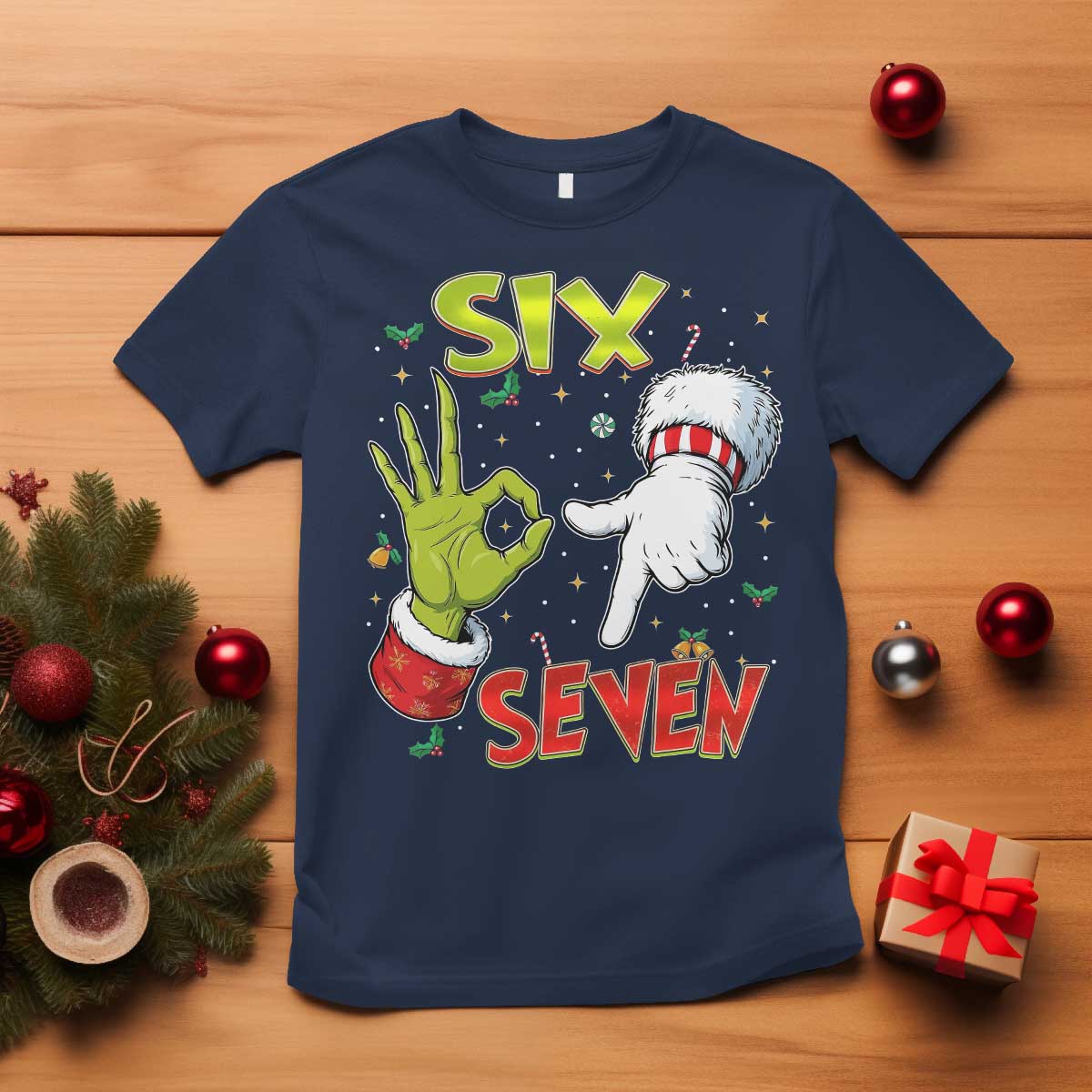 Funny Six Seven Christmas T Shirt 67 Meme Xmas Santa Elf Hand Gen Alpha TS11 Navy Print Your Wear
