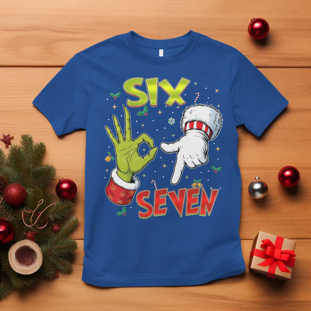 Funny Six Seven Christmas T Shirt 67 Meme Xmas Santa Elf Hand Gen Alpha TS11 Royal Blue Print Your Wear