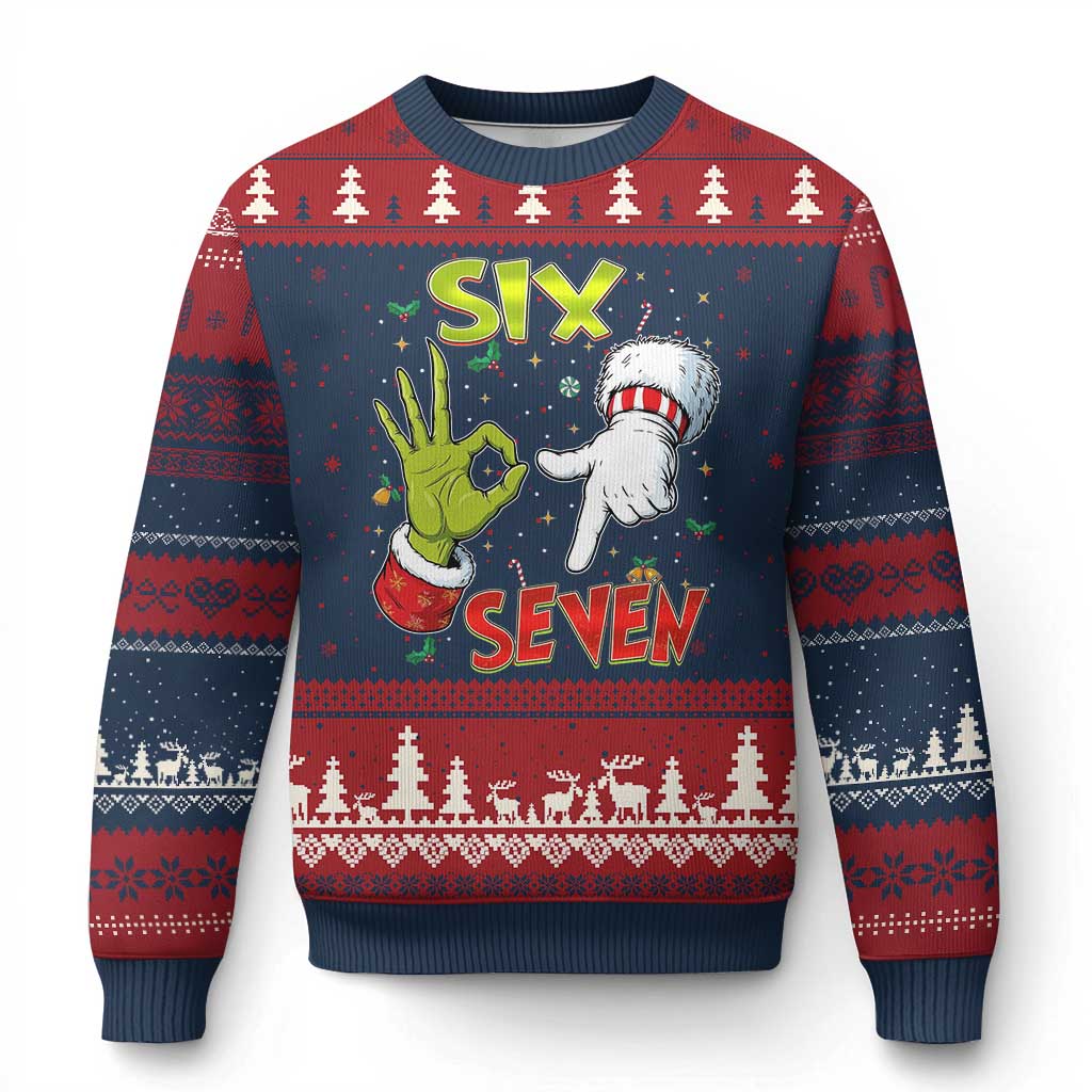 Funny Six Seven Xmas Ugly Christmas Sweater 67 Meme Xmas Santa Elf Hand Gen Alpha TS11 Navy Red Print Your Wear