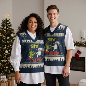 Funny Six Seven Xmas V-Neck Knit Sweater Vest 67 Meme Xmas Santa Elf Hand Gen Alpha TS11 Navy Beige Print Your Wear