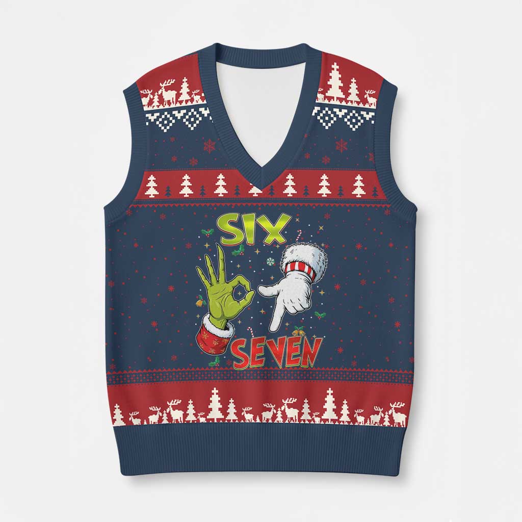 Funny Six Seven Xmas V-Neck Knit Sweater Vest 67 Meme Xmas Santa Elf Hand Gen Alpha TS11 Navy Red Print Your Wear