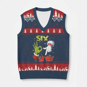 Funny Six Seven Xmas V-Neck Knit Sweater Vest 67 Meme Xmas Santa Elf Hand Gen Alpha TS11 Navy Red Print Your Wear