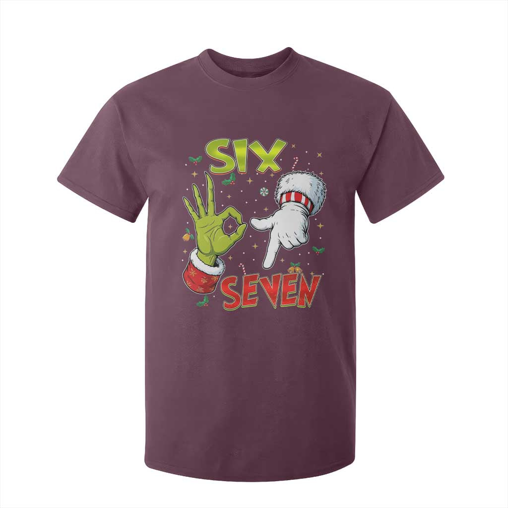 Funny Six Seven Christmas T Shirt For Kid 67 Meme Xmas Santa Elf Hand Gen Alpha TS11 Maroon Print Your Wear