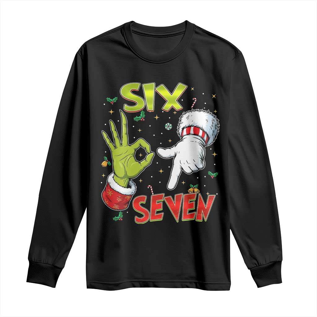 Funny Six Seven Christmas Long Sleeve Shirt 67 Meme Xmas Santa Elf Hand Gen Alpha TS11 Black Print Your Wear