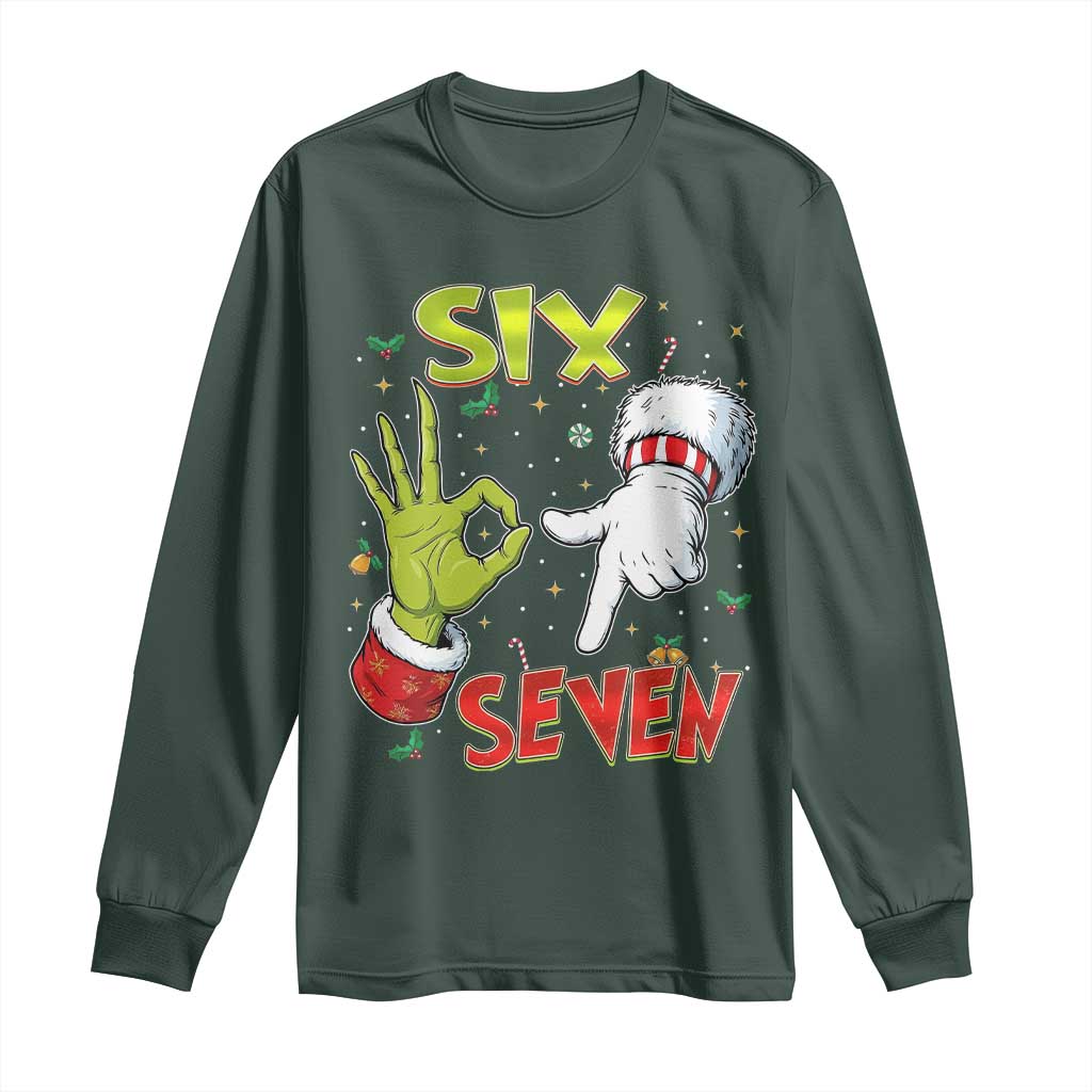 Funny Six Seven Christmas Long Sleeve Shirt 67 Meme Xmas Santa Elf Hand Gen Alpha TS11 Dark Forest Green Print Your Wear