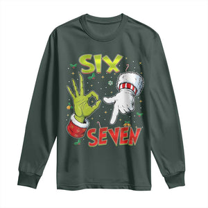 Funny Six Seven Christmas Long Sleeve Shirt 67 Meme Xmas Santa Elf Hand Gen Alpha TS11 Dark Forest Green Print Your Wear