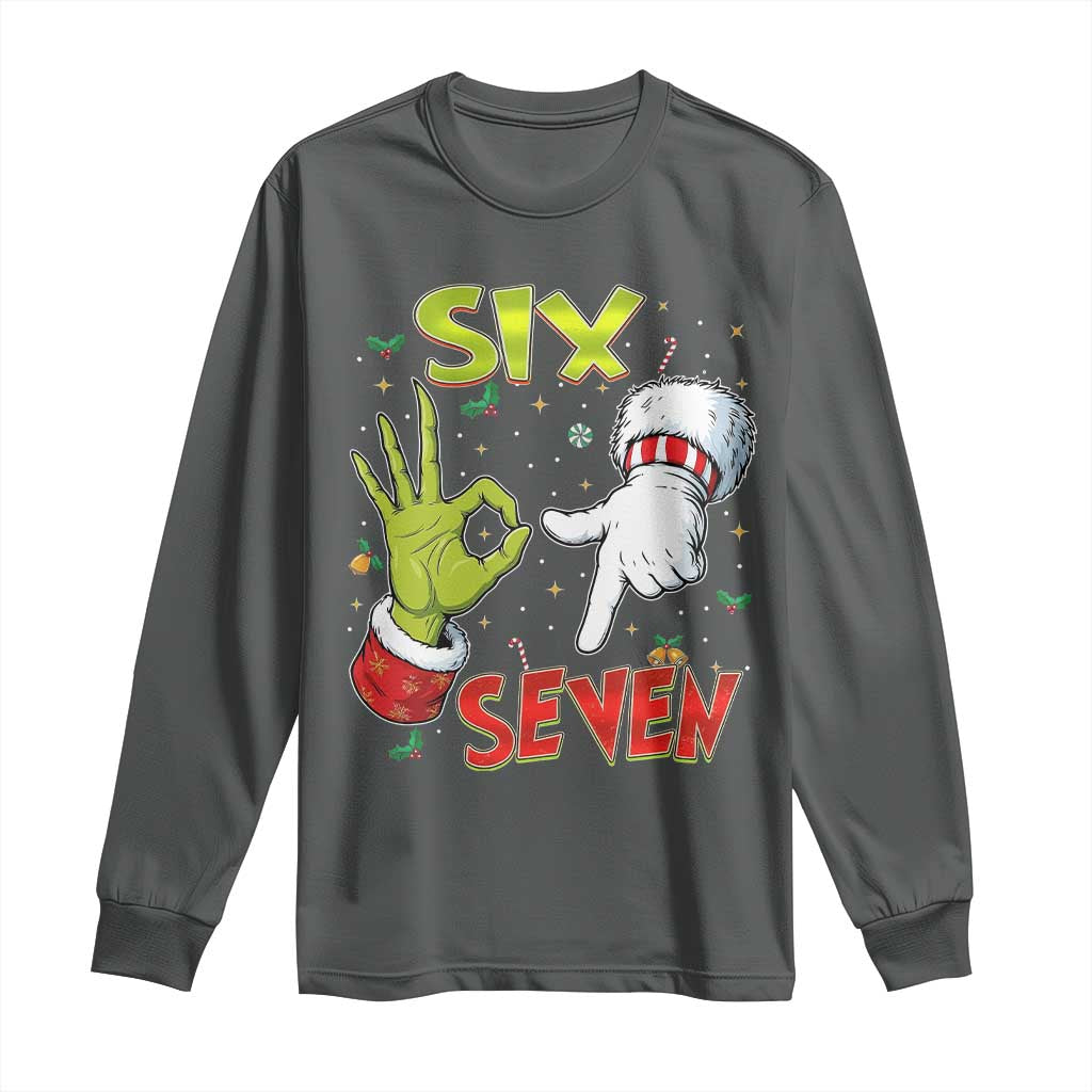 Funny Six Seven Christmas Long Sleeve Shirt 67 Meme Xmas Santa Elf Hand Gen Alpha TS11 Dark Heather Print Your Wear