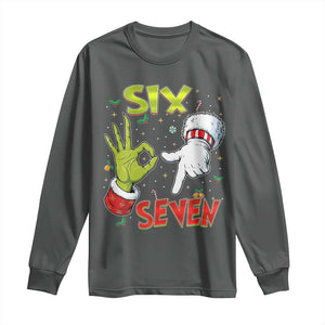 Funny Six Seven Christmas Long Sleeve Shirt 67 Meme Xmas Santa Elf Hand Gen Alpha TS11 Dark Heather Print Your Wear