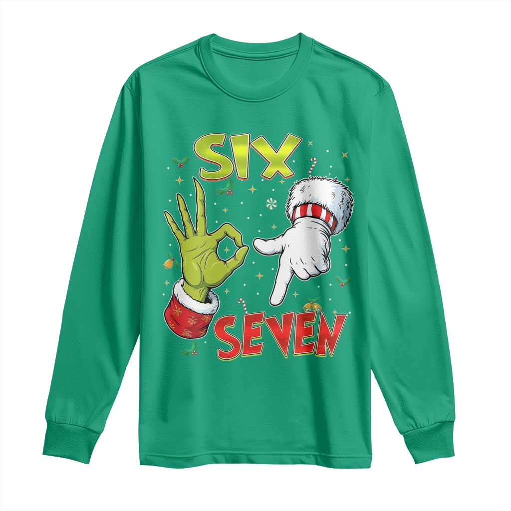 Funny Six Seven Christmas Long Sleeve Shirt 67 Meme Xmas Santa Elf Hand Gen Alpha TS11 Irish Green Print Your Wear