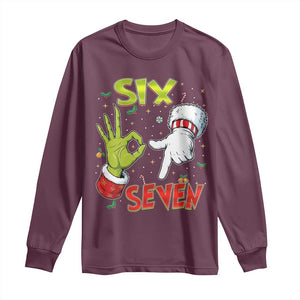 Funny Six Seven Christmas Long Sleeve Shirt 67 Meme Xmas Santa Elf Hand Gen Alpha TS11 Maroon Print Your Wear