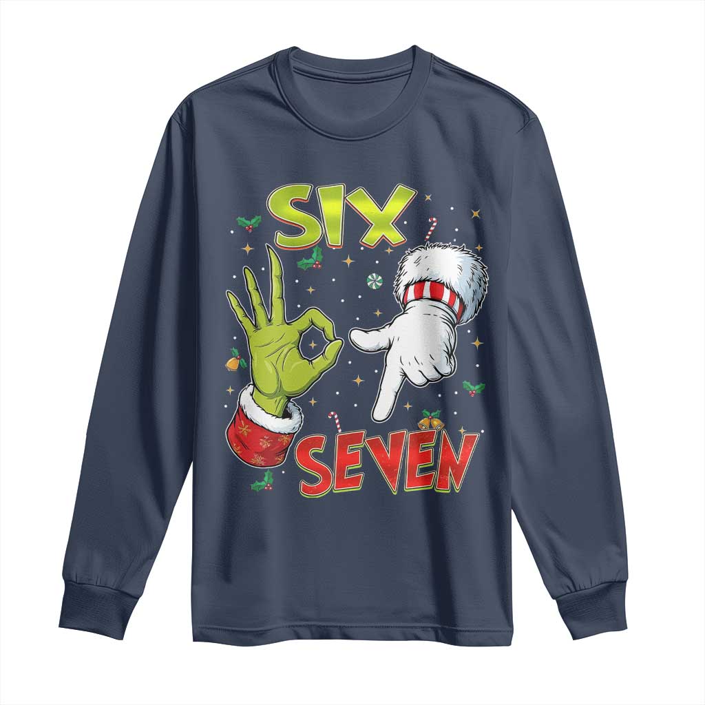 Funny Six Seven Christmas Long Sleeve Shirt 67 Meme Xmas Santa Elf Hand Gen Alpha TS11 Navy Print Your Wear