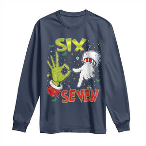 Funny Six Seven Christmas Long Sleeve Shirt 67 Meme Xmas Santa Elf Hand Gen Alpha TS11 Navy Print Your Wear