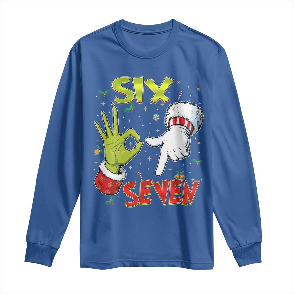 Funny Six Seven Christmas Long Sleeve Shirt 67 Meme Xmas Santa Elf Hand Gen Alpha TS11 Royal Blue Print Your Wear