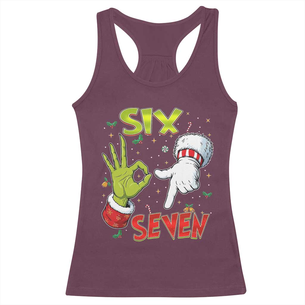 Funny Six Seven Christmas Racerback Tank Top 67 Meme Xmas Santa Elf Hand Gen Alpha TS11 Maroon Print Your Wear