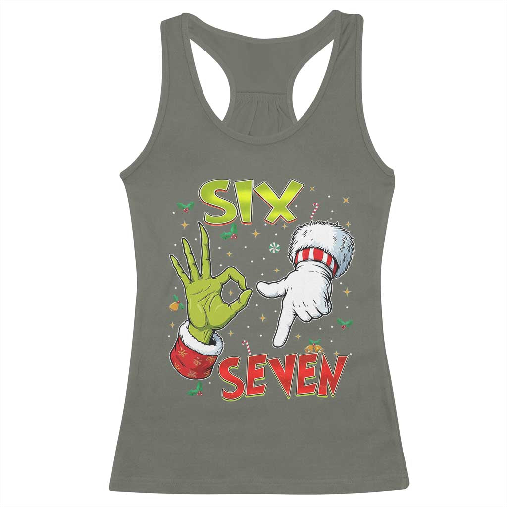 Funny Six Seven Christmas Racerback Tank Top 67 Meme Xmas Santa Elf Hand Gen Alpha TS11 Military Green Print Your Wear