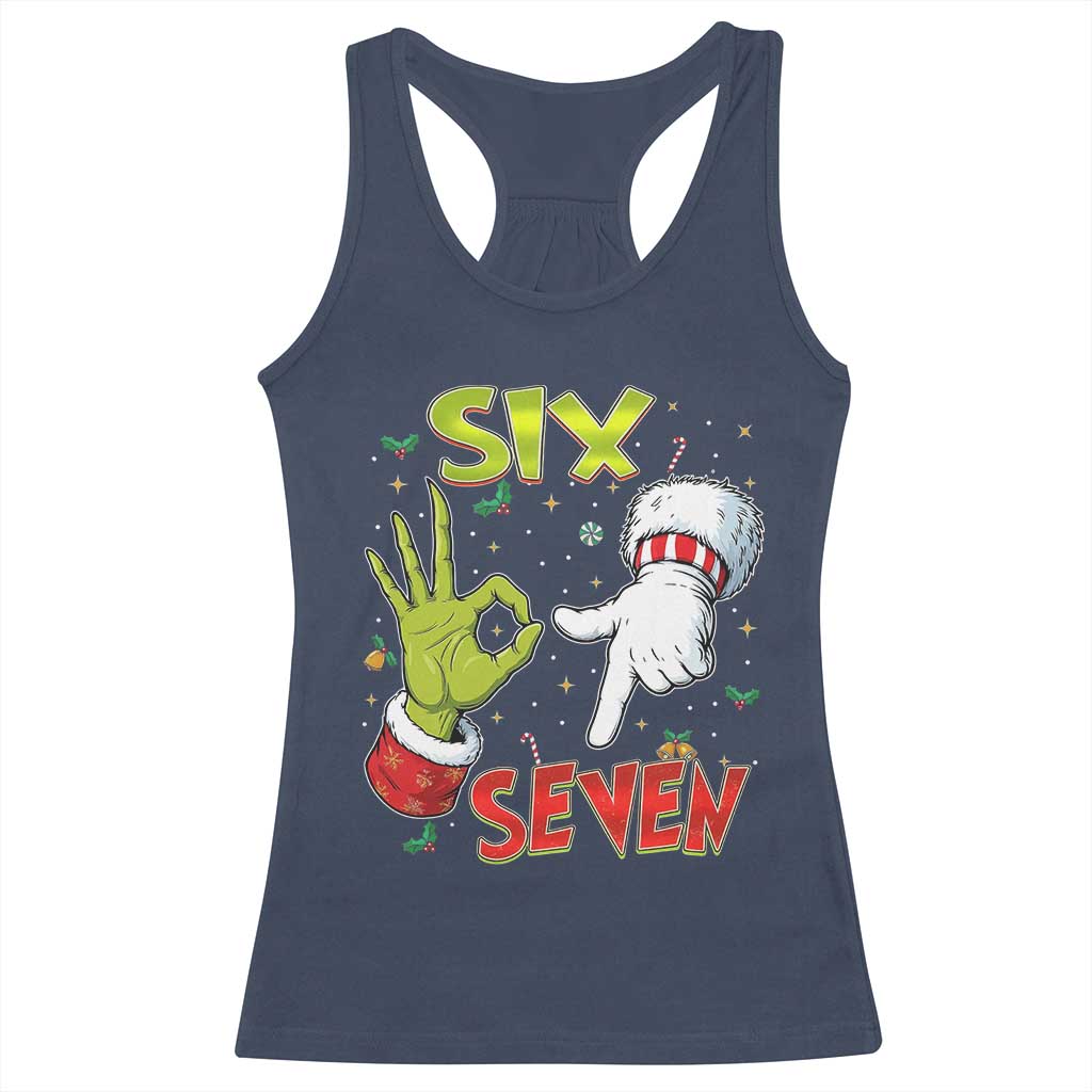 Funny Six Seven Christmas Racerback Tank Top 67 Meme Xmas Santa Elf Hand Gen Alpha TS11 Navy Print Your Wear