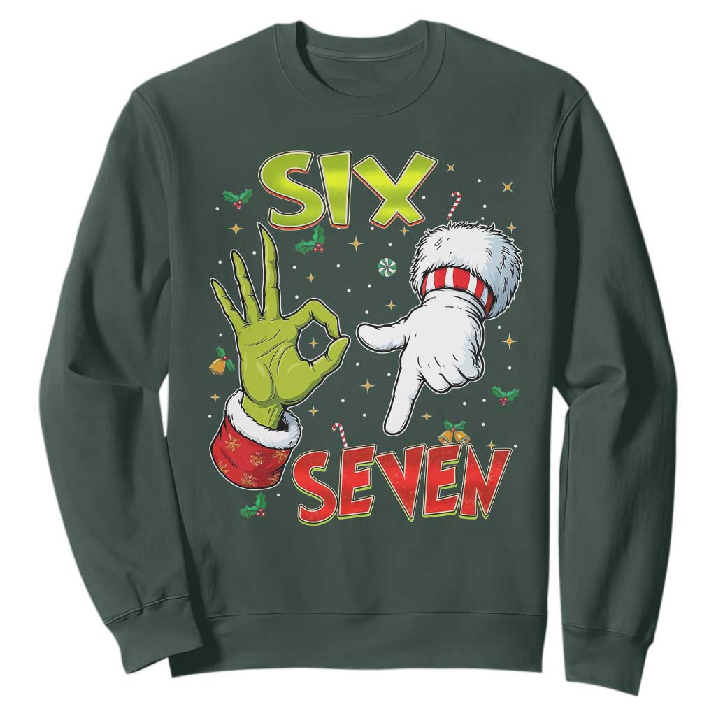Funny Six Seven Christmas Sweatshirt 67 Meme Xmas Santa Elf Hand Gen Alpha TS11 Dark Forest Green Print Your Wear