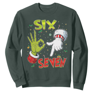 Funny Six Seven Christmas Sweatshirt 67 Meme Xmas Santa Elf Hand Gen Alpha TS11 Dark Forest Green Print Your Wear