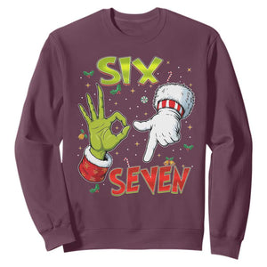 Funny Six Seven Christmas Sweatshirt 67 Meme Xmas Santa Elf Hand Gen Alpha TS11 Maroon Print Your Wear