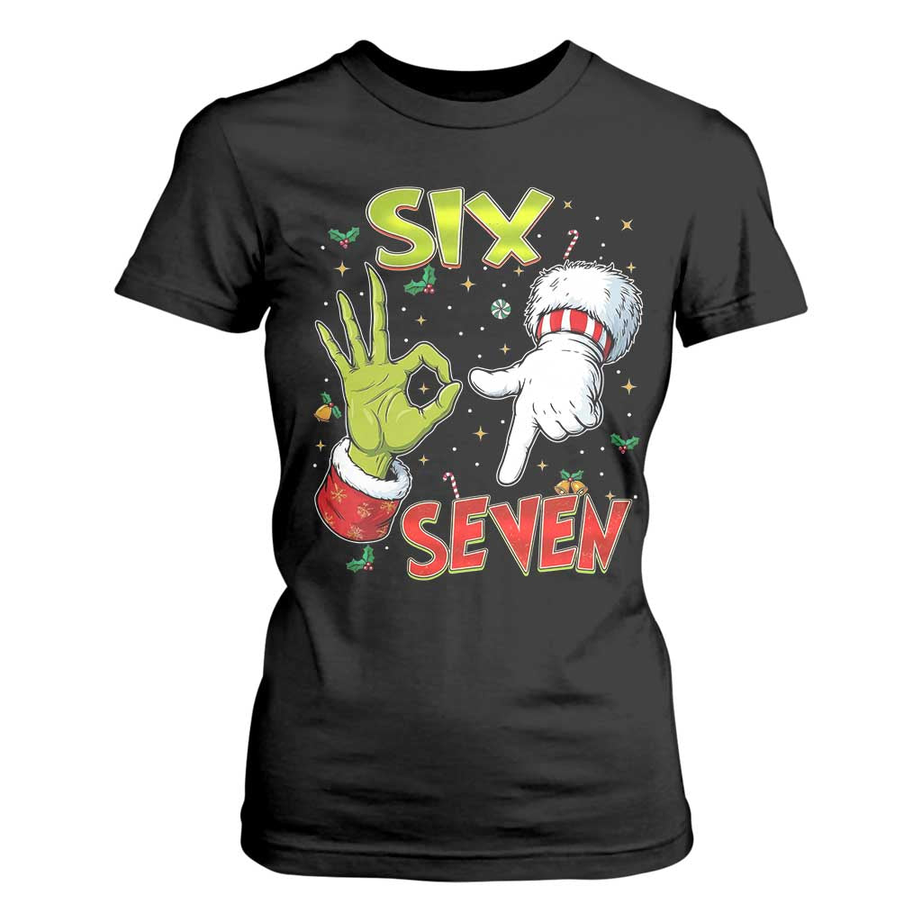 Funny Six Seven Christmas T Shirt For Women 67 Meme Xmas Santa Elf Hand Gen Alpha TS11 Black Print Your Wear
