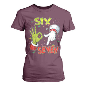 Funny Six Seven Christmas T Shirt For Women 67 Meme Xmas Santa Elf Hand Gen Alpha TS11 Maroon Print Your Wear