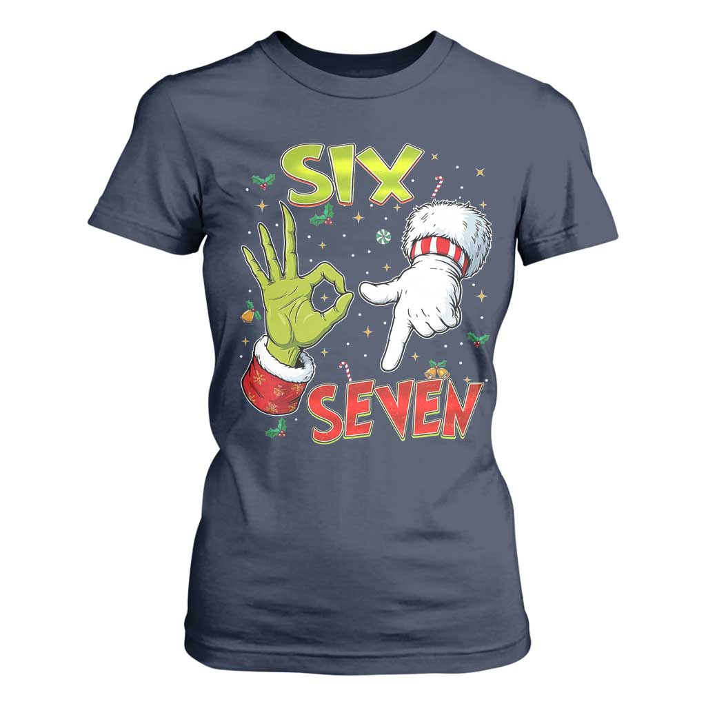 Funny Six Seven Christmas T Shirt For Women 67 Meme Xmas Santa Elf Hand Gen Alpha TS11 Navy Print Your Wear