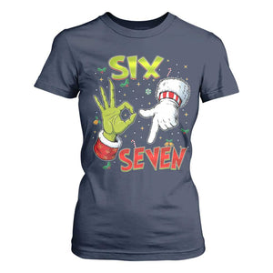Funny Six Seven Christmas T Shirt For Women 67 Meme Xmas Santa Elf Hand Gen Alpha TS11 Navy Print Your Wear