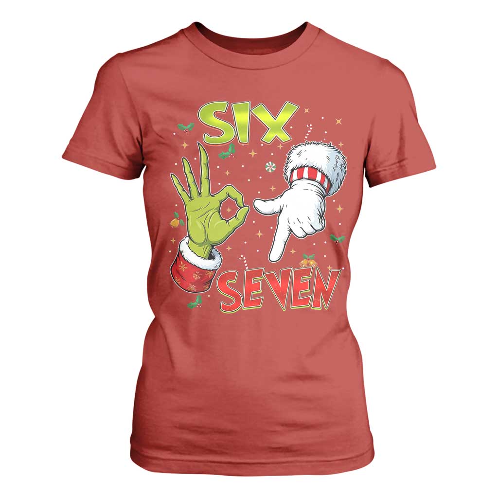 Funny Six Seven Christmas T Shirt For Women 67 Meme Xmas Santa Elf Hand Gen Alpha TS11 Red Print Your Wear