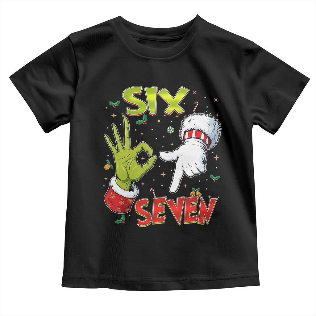Funny Six Seven Christmas Toddler T Shirt 67 Meme Xmas Santa Elf Hand Gen Alpha TS11 Black Print Your Wear